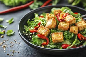 A bowl of tofu and vegetables with a side of sesame seeds photo