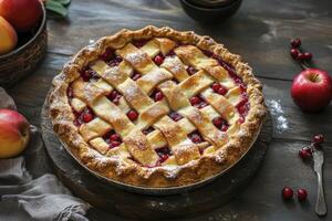 A cranberry pie with lattice on a wooden table photo