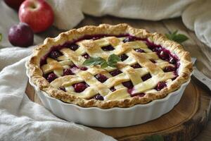 A pie with cherries and a lattice on a wooden cutting board photo
