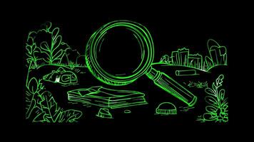 Neon frame effect, Magnifying Glass Represents investigation and scrutiny in law on black background video