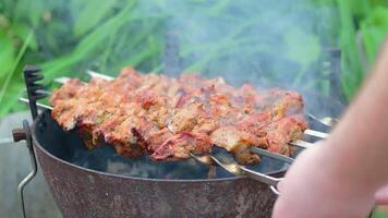 Hot Grilled Kebab Turning on the Mangal in Summer Garden. Delicious Barbecue Meat Grilling on Skewers Against the Green Nature Background. Summer Holiday Picnic Concept - Slow Motion. Middle CloseUp video