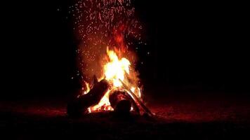 Night Bonfire Burns in the Dark Forest - Slow Motion. Flaming Campfire at Nighttime. Place for Bonfire. Fire Pit Outdoors, Wood on Fire, Flying Sparks and Smoke - Static Shot video