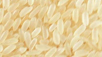 Dry Uncooked Parboiled Rice Background Rotating Counter-Clockwise - Top View. Scattered Raw Long Grain Rice. Asian Cuisine and Culture. Healthy Eating Ingredients. Diet Food. Angular Rotation Left video