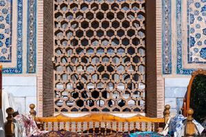 Samarkand, Uzbekistan-august 12, 2023-Particular of the Registan square occupied by a large complex made up of 3 madrasas photo