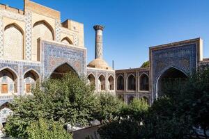 Samarkand, Uzbekistan-august 12, 2023-Particular of the Registan square occupied by a large complex made up of 3 madrasas photo