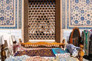 Samarkand, Uzbekistan-august 12, 2023-Particular of the Registan square occupied by a large complex made up of 3 madrasas photo