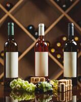 Wine bottles standing with grapes and corks in cellar photo