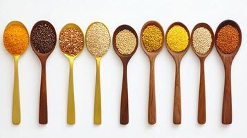 Spoons containing an assortment of grains forming a line photo