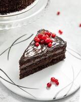 Chocolate cake slice with chocolate ganache and red currant on white plate photo