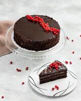 Chocolate cake with mirror glaze and red currant decoration on gray background photo