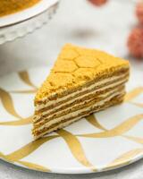 Delicious honey cake slice layered with cream on decorative plate photo