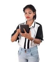 business woman using a mobile phone or smartphone isolated on a white background photo