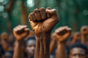 Raised fist of an African-American black man in front of a crowd. Unity, solidarity, protest. Concept of black history month photo