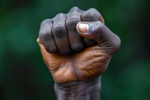 Raised fist of an African American black man in the background. Unity, solidarity, protest. Concept of black history month photo