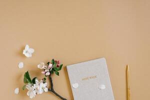 Female blog composition with notebook, pen and white apple flowers on beige background. Flat lay, top view, copy space photo