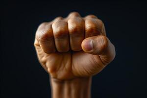 Raised fist of an African American black man in the background. Unity, solidarity, protest. Concept of black history month photo