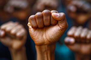 Raised fist of an African-American black man in front of a crowd. Unity, solidarity, protest. Concept of black history month photo