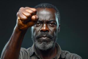 African American black man's hand raised and held in a fist. Concept of black history month photo