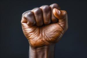 Raised fist of an African American black man in the background. Unity, solidarity, protest. Concept of black history month photo