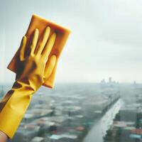 Hand wearing yellow rubber glove cleaning window with orange sponge, blurry cityscape in background. Concept of housekeeping, cleanliness, and chores photo