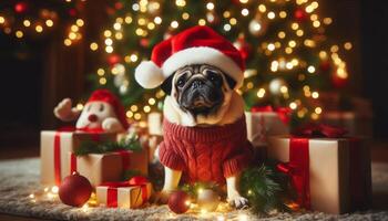 Pug dog wearing Santa hat and red sweater sitting by Christmas tree with gifts and ornaments. Cozy holiday setting. Christmas celebration and pet photography photo