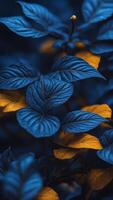 Close-up of dark blue and yellow leaves with detailed texture on a dark blur background. Moody botanical scene with vibrant contrast photo