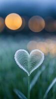 Delicate heart shaped grass with morning dew on a blurred background with bokeh lights. Natural and romantic vertical design element photo