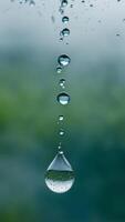 Close-up of water droplets falling in a vertical line on a blurred green background. Minimalistic nature concept with soft focus photo
