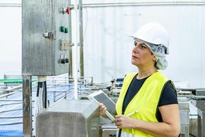 Female industrial engineer wearing a white helmet while standing in a heavy industrial factory photo