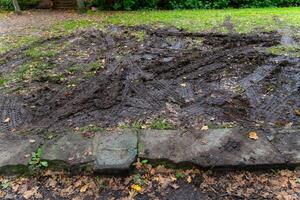 Muddy tire tracks crisscross the grassy field near a stone border photo