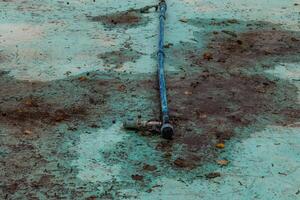 A blue hose lies on a muddy, green-stained surface photo