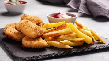 Fried potatoes and chicken nuggets with tomato ketchup sauce. Fast food concept of unhealthy food. Grey concrete table Copy space. photo
