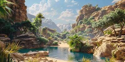 A river in the middle of a desert with rocks and trees photo