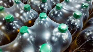 Close up of multiple plastic bottles with green caps packaged for recycling, highlighting environmental pollution and waste management issues photo
