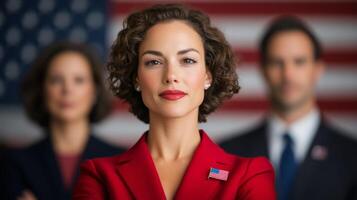 A confident female moderator in front of a modern debate stage dressed in red with an American flag pin photo