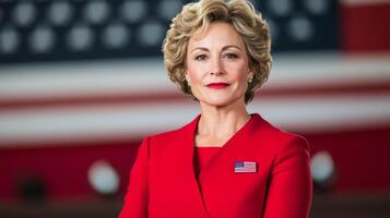 A confident female moderator in front of a modern debate stage dressed in red with an American flag pin photo