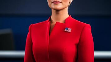 A confident female moderator in front of a modern debate stage dressed in red with an American flag pin photo
