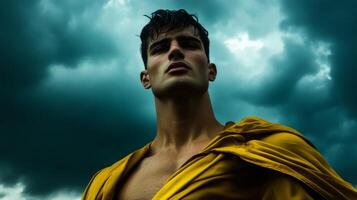 Artistic man with layered clothing and a dramatic cape set against a stormy sky background intense mood photo