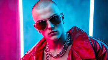 Bold man with a shaved head oversized sunglasses and layered jewelry posing confidently on a futuristic set photo