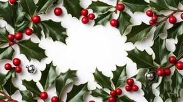 Clean holiday design empty space in middle small holly leaves and silver bells carefully placed on the sides photo