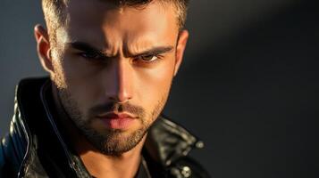 Dynamic portrait of a man in a biker jacket with dramatic backlighting shadows highlighting rugged facial features photo