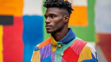 Eclectic man in a colorful patchwork coat standing against a backdrop of abstract art looking thoughtfully to the side photo
