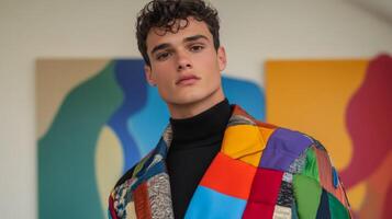 Eclectic man in a colorful patchwork coat standing against a backdrop of abstract art looking thoughtfully to the side photo