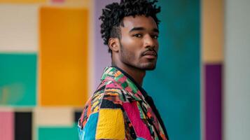 Eclectic man in a colorful patchwork coat standing against a backdrop of abstract art looking thoughtfully to the side photo