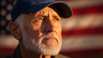 Elderly US veteran at sunrise with a shadowy American flag waving behind wearing a navy blue cap strong gaze warm golden light reflecting off face background with space for text photo
