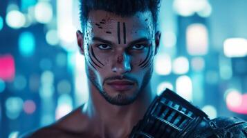 Expressive man in futuristic armor face painted with tribal markings standing in front of a digital cityscape photo