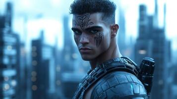 Expressive man in futuristic armor face painted with tribal markings standing in front of a digital cityscape photo