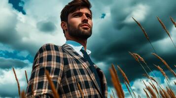 Fashionable man in a checkered suit standing amidst tall grass under a dramatic cloudy sky wistful expression photo