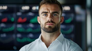 Focused male CEO in a high tech office multiple screens displaying stock markets intense and serious expression photo