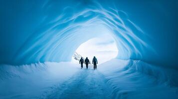 Glacier hike with tourists in crampons blue ice caves sunlight filtering through ice thrilling winter exploration photo